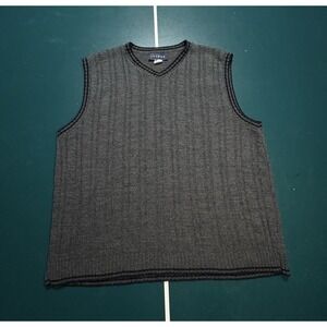 Vintage Sweater Vest Mens Large Gray Black Striped‎ Ribbed V Neck 90s Grunge USA